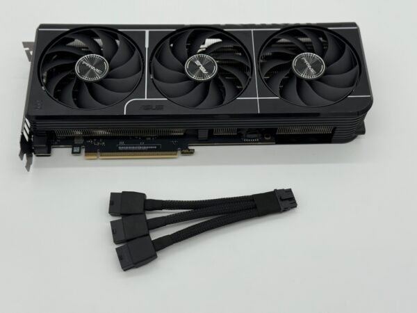 ASUS Prime RTX 5070ti graphics card triple fan front view with power adapter cable
